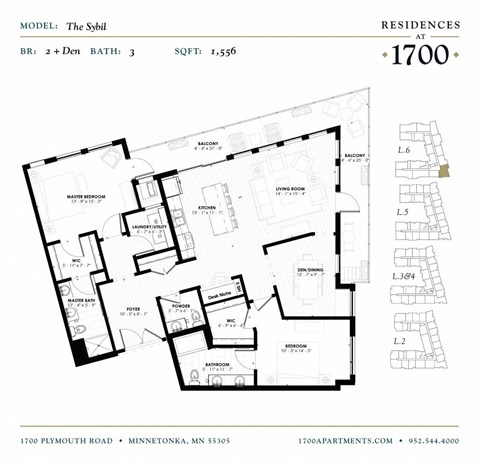 Floor plan for 2 beds, 3 baths, 1556 sqft